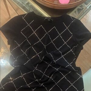 INC International Concepts Black Short Sleeve Top with Silver Stud Accents